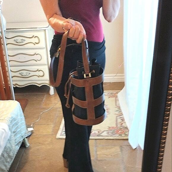 RARE Salvatore Ferragamo Leather Designer Mini Bucket Bag Rib Cagec Brass Feet - Picture 5 of 14